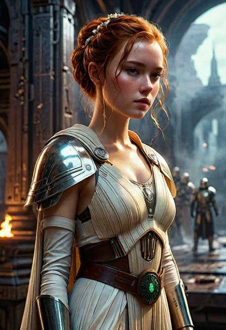 High resolution ultra-realistic of Beautiful Jedi Knightess, 8k, capturing the intensity of the moment, cinematic lighting, standing on a bloody and stormy battlefield in bloody battle, wavy red hair, realistic dirty pale face, realistic brown eyes, beautiful hourglass figure, burning in a Star Wars Town, intricately designed dirty white Jedi robes, Star Wars Aesthetic, perfect athletic figure, beautiful Sadie Sink as Jedi Knightess, ultra realistic, cinematic style, vigorous and seductive, athletic figure, Star Wars style, dramatic lighting, wet and sweaty skin, dirty skin, athletic figure, dark fantasy, dramatic lighting, Greg Rutkowski style, Jedi Knightess on in Jedi dress, hyper-detailed, hyper-realistic,  natural light, extremely intricate details, masterpiece, epic, bright colours, Attractive 21 old years girl, Attractive, beautiful firm Breasts, sharp focus, digital painting, Photograph Taken on Nikon D750, Alphonse Mucha, 8K, athletic figure, Hyperdetailed, hyperrealism, Attractive, Attractive bust girl, asymmetric balance