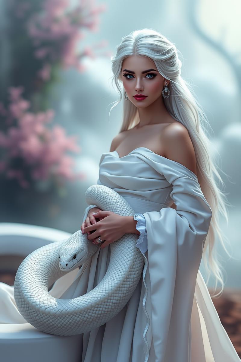 A surreal and hyper-realistic scene featuring a classical beauty dressed in a flowing white silk gown, accompanied by a majestic white snake. The intricate details of her attire and the snake's scales are highlighted, set against a dreamy, ethereal background. The scene is illuminated with soft, magical lighting, enhancing the otherworldly and enchanting atmosphere.
surreal, hyper-realistic, classical beauty, white silk gown, majestic white snake, intricate details, dreamy background, ethereal, soft magical lighting, enchanting, otherworldly, visually stunning, high quality, detailed, sharp clarity, breathtaking, elegant, graceful.
looking at viewer, long hair, white hair,