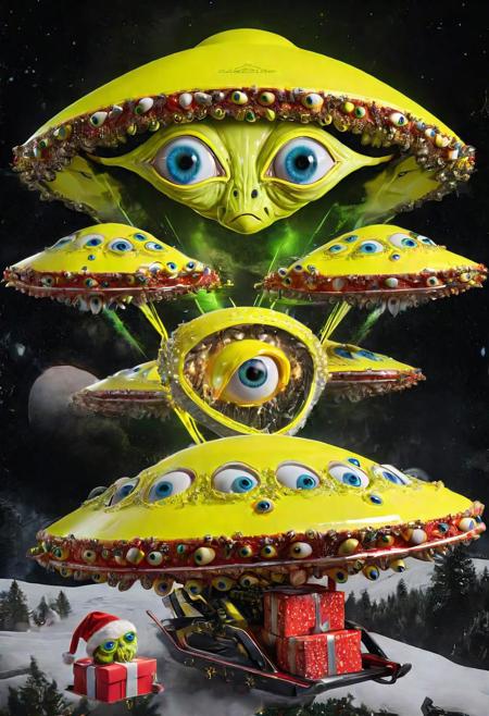 seraphins, mystical creature with hundreds of eyes and wings, roswell alien with yellow christmas hat, delivering presents with santa riding a ufo sleigh, intricate complexity, surreal horror, inverted neon yellow drip paint, photoreal