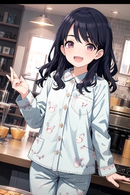 <lora:Koito-09:0.7> ,koitosc, 1girl, solo, long hair, looking at viewer, smile, open mouth, black hair, long sleeves, purple eyes, fang, pants, fangs, polka dot,skin fang, hair down, pajamas, skin fangs, polka dot shirt