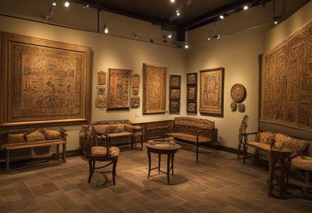 a cozy museum with an exhibit showcasing various historical artifacts from different cultures. The museum hums with the quiet energy of human activity. Visitors wander from display to display, taking in the rich tapestry of history and artistry. Soft whispers of conversation fill the air as people point out details in the exhibits and share their awe. The lighting is warm and inviting, casting gentle shadows and highlighting the intricate details of the art pieces. Comfortable seating areas are scattered throughout, inviting visitors to rest and reflect on the stories they've encountered.