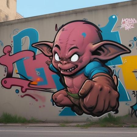 (Masterpiece of painting:1.3), modern streetart, graffitti art, writing, character, on a wall, huge, large, crazy painting, thick outlines, flat style, highlights, fadings, shading, (flat comic style character:1.3), simple color scheme, mascot, goblin, highly detailed, impressive, surprising, meaningful, fullscreen, taggings, frameless,