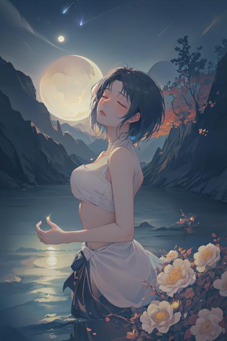 masterpiece, best quality,(realistic),(finely detailed beautiful eyes and detailed face),cinematic lighting,bust shot,extremely detailed CG unity 8k wallpaper,solo,1girl,closed eyes,  meteor,medium breasts,detailed and beautiful river scenery,shooting star,firefly,aurora,{{sparkling water}},Isekai cityscape, sky, starry sky,moonlight,moon,night,(dark theme:1.3), light,,dancing,  mystical and mysterious atmosphere,<lora:CarolV3.5:0.7>,relaxed, enjoy,