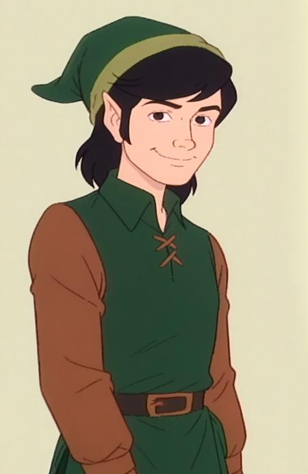 ExcuseMeLink, (score_9), tunic, black hair, green headwear, vest, brown sleeves,