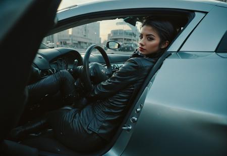 score_9, score_8_up, score_7_up, score_6_up, A woman in a striking leather outfit is seated on a vibrant 350z sports car, exuding confidence and style. She is surrounded by a bustling urban scene, with other individuals and vehicles in the background. The woman''s attire includes a leather jacket, adding to her edgy and fashionable look. The car itself is a sleek sports car, emphasizing the luxurious and high-end nature of the setting. The image captures a moment of glamour and attitude, with the woman serving as a focal point of the scene, embodying a sense of power and allure, It is a cyberpunk artwork by Pu Hua, prominent in CG society. The image features elements of retrofuturism and future technology. It is a futuristic work and winner of a competition.
