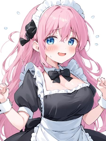 <lora:boki:1>,1girl, solo, gotou_hitori, long_hair, pink_hair, maid_headdress, apron, maid, white_background, blue_eyes, bow, simple_background, bangs, looking_at_viewer, maid_apron, open_mouth, black_bow, dress, hair_between_eyes, short_sleeves, black_dress, white_apron, bowtie, frills, black_bowtie, flying_sweatdrops, puffy_sleeves, smile, blush, breasts, enmaided, one_side_up, frilled_apron, wrist_cuffs, puffy_short_sleeves