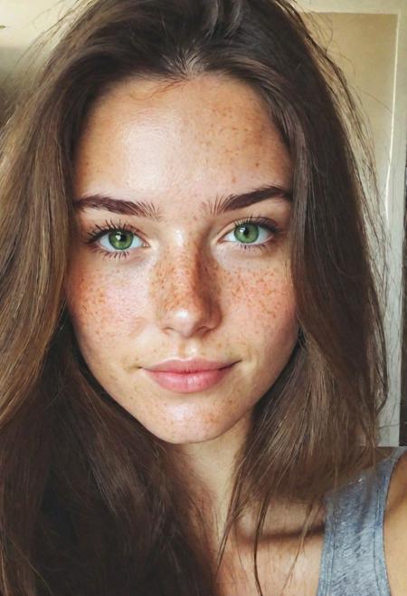 instagram selfie, upper body, a 23 year old gorgeous woman, slight smirk, detailed skin face and eyes, natural lighting, at home, long hair, low contrast, natural face, freckles, brunette hair, green eyes