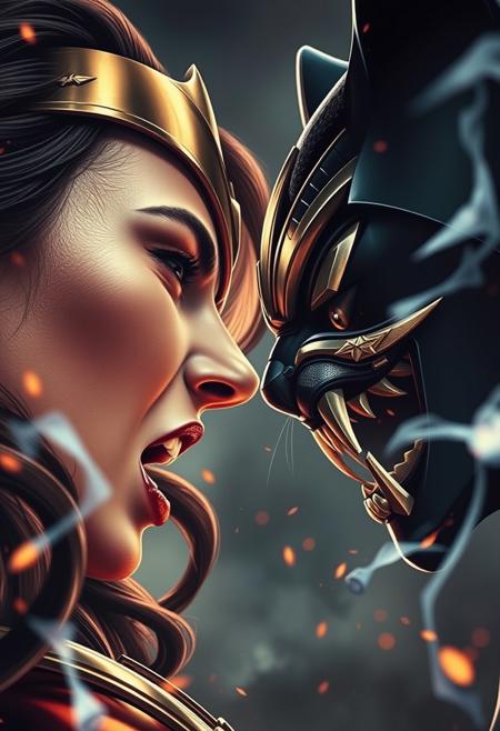 Wonder-woman and cat-woman screaming at each other, face closeup, chaos, apocalyptic, movie poster style, cinematic lighting