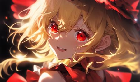 face focus, cute, masterpiece, best quality, 1girl, black background, highly detailed eyes, perfect lighting, 1girl, solo, flandre scarlet (touhou), (blonde hair:1.0), red eyes, short sleeves, ascot, red vest, frilled, pointy ears, looking at viewer, eyeshadow, (tsurime:1.2), smirk, light particle, solo, standing, pixiv, depth of field, cinematic compotision, looking up
 