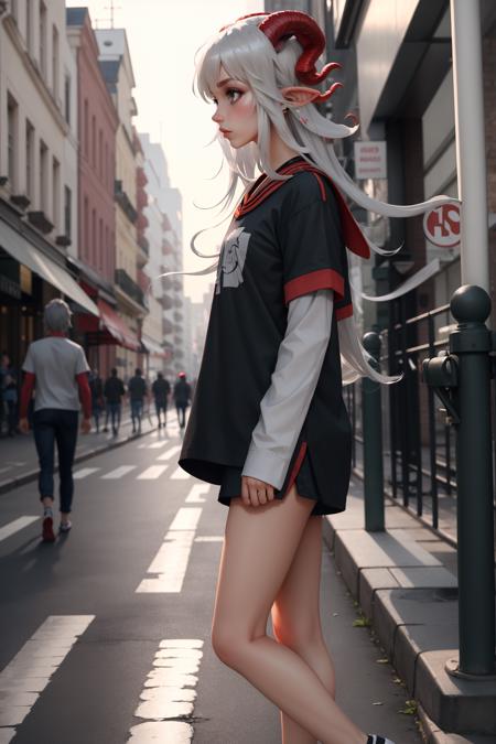 masterpiece, best quality, thedemongirl, black shirt, sailor collar, short sleeves, grey long-sleeve shirt, walking, from side, city street <lora:thedemongirl-nvwls-v3:0.9>