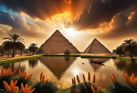 cinematic photo of [[[Khufu ship]]] sailing on small lake beside magnificent three pyramids of Giza appear clearly, ducks and geese swimming, papyrus plants, charm, Professional lighting, full of life, Lively and energetic, 8K, rays of sun flow beyond heavy clouds, HDR, Cinematic Shot, Cinematic Lighting, amazing world, pure perfection, wide angle exterior background, autumn leaves, grass, flowers, jasmine flowers, palm trees, nebula horizon.