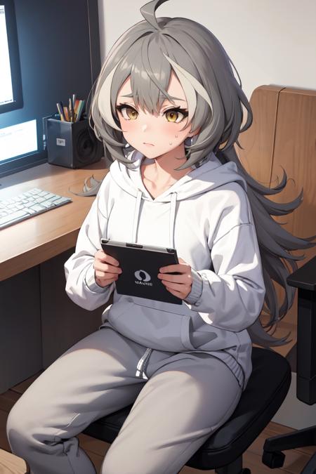 masterpiece, best quality, absurdres, perfect anatomy, 1girl, solo, SasakiRan, long hair, streaked hair, ahoge, hoodie, sweatpants, indoors, sitting, desk, computer, tired, <lora:SasakiRan:1>