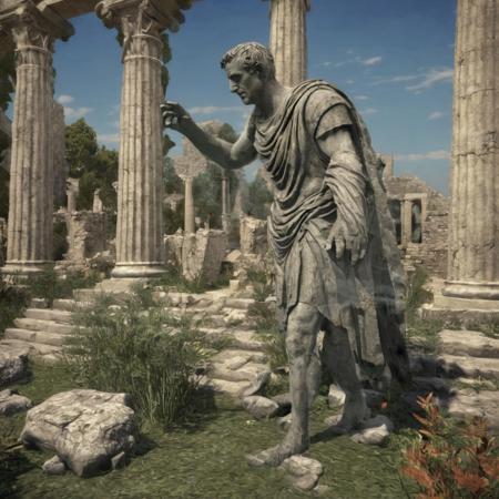 Ruins Reborn,  statue of julius caesar 
Craft a scene showing ancient ruins that have been repurposed into thriving new habitats or ecosystems.
from ai wizard copied by el observador