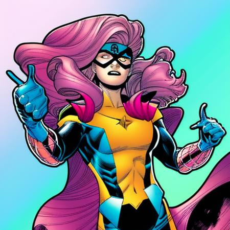 cozmikduzk1, a cartoon girl with pink hair, pointing at camera with her finger , heart logo  on her chest, superhero pose,  extremely detailed, joe madureira, arterm, wlop,  cozmikduzk1