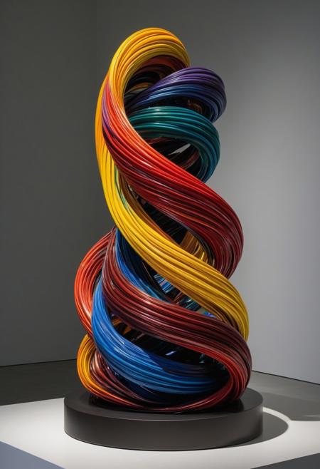 modern art, object,  museum, enigmatic, strange, wicked, complicated, twisted, colorful, metal, masterpiece,best quality,very aesthetic, absurdres, newest,
