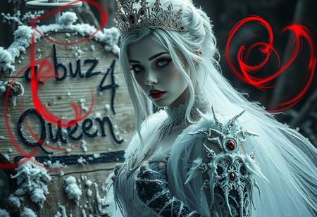 “A hyperrealistic depiction of an ice princess with an eerie ambiance, wearing heavy gothic makeup, set in a rotten and decayed world. The scene is intricate with frost-covered elements, blending a fantasy horror concept with a dark fairytale wonderland background.  A rotten writing in wood reads ‘a buzz 4 the Queen?’. Red and acid green color twirls swirl through the scene, adding an ominous and sinister touch. The white and gold color palette contrasts sharply with decayed, rotting surroundings and the red and green accents, creating a haunting atmosphere. The image uses a 12mm lens effect to enhance depth and distortion, with sharp contrasts, deep shadows, and an ultra-detailed photorealistic style. The ice princess appears both enchanting and terrifying, emanating mesmerizing visual storytelling in a chilling, frost-bitten, and decayed environment.