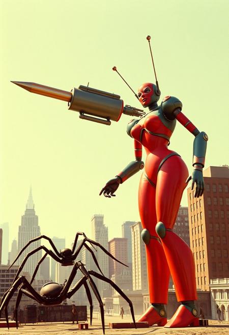 score_9, score_8_up, score_7_up, ArsMovieStill, movie still from a 1930s technicolor movie, a giant colorfoul robot human sexy woman form with A big weapon two antennas fighting with a giant spider in a city