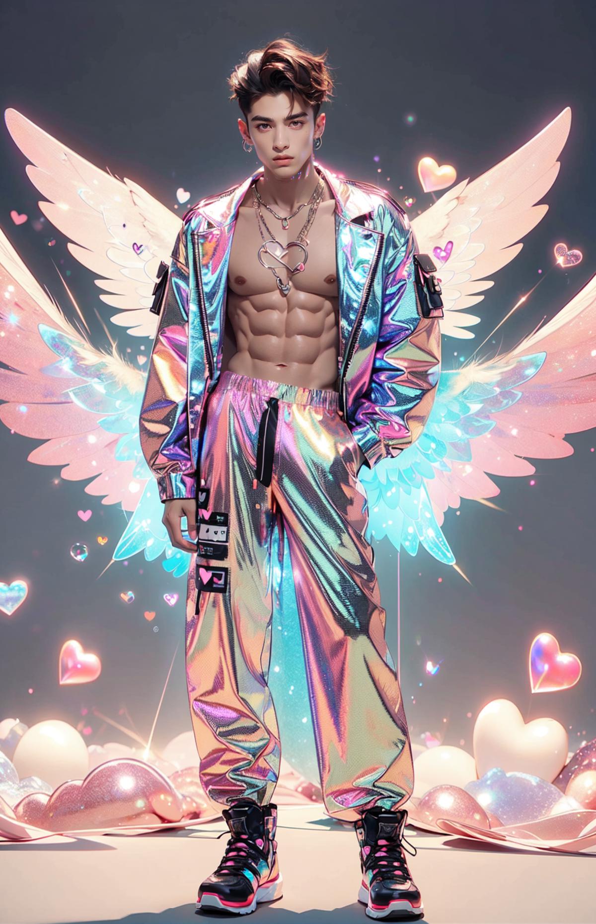 A shirtless man with wings and a glittery, rainbow-colored outfit on.