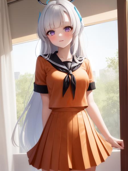 (orange serafuku:1.4), 1girl, solo, standing, (neckerchief:1.1), white hair, purple eyes, short sleeves, pleated skirt, (orange skirt:1.2), long skirt, indoors, very long hair, halo,