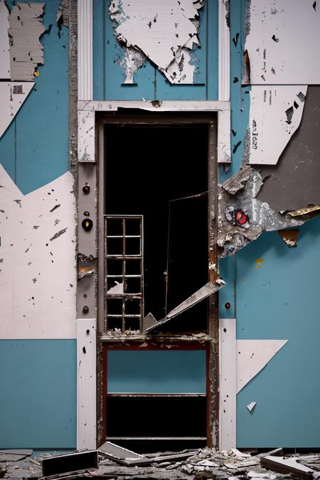 a run down building with a broken window and a broken door and a broken wall with peeling paint and debris, David Diao, decay, a detailed matte painting, deconstructivism ,  abandoned_style