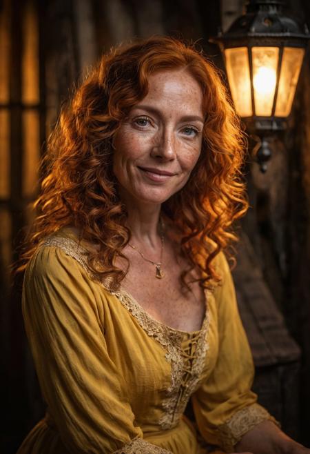 A night time photo of a beautiful woman, (50 years old:1.5), with long curly orange hair and freckles, pleasant smile, wearing a bright yellow dress, jewelry, sitting, skinny, narrow hips, slim petite body, (medium breasts:1.3), sitting inside a cozy medieval cottage, (perfect hands:1.5), (cinematic), (dark, high contrast), (intricately detailed eyes:1.5), (subsurface scattering:0.9) lit by Victorian lanterns, full body view. shallow depth of field, vignette, highly detailed, high budget, bokeh, cinemascope, moody, epic, gorgeous, film grain, grainy, dark shadows, DarkFantasy, photo, cinematic,