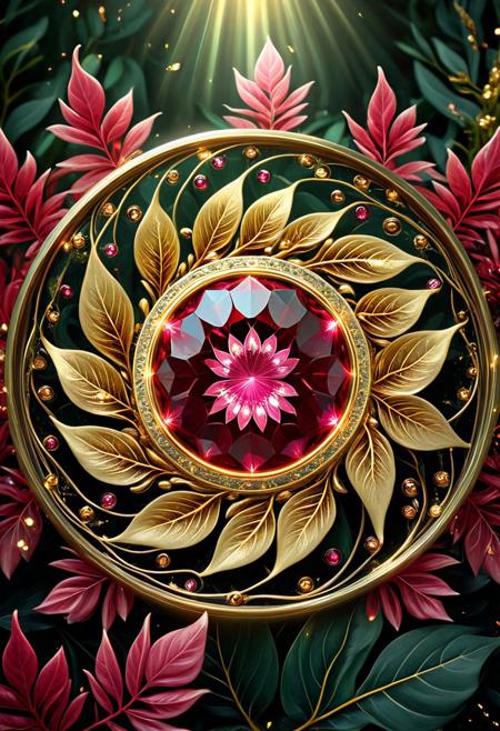 aesthetic, masterpiece, beautiful, elegant, award winning,  absurdres, hdr, best quality, hyper detailed, .35mm photograph, film, bokeh, professional, 4k, 
bloom, radiance from gold leafs, ruby gem at center, leafs, plants spread out from center , dynamic, intricate detail, photo,
swirl, circle. (gem reflex light,:1.3)
 novuschroma12 style
