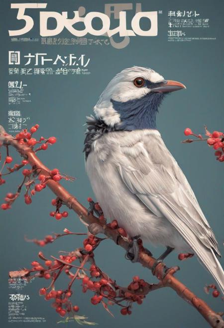 magazine cover, japanese text, bird, clos-up, 3D animation style, randomize bird,