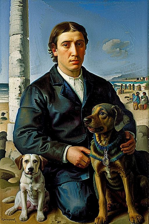 A man is holding two dogs, one on a leash, by a beach.