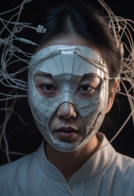 An Asian woman wears a fractured porcelain mask with exposed wires and technological elements underneath, captured as a haunting photograph using a close-up shot, under the dim, focused light of an interior space, emphasizing the blend of fragility and technology and the sense of concealed emotions.