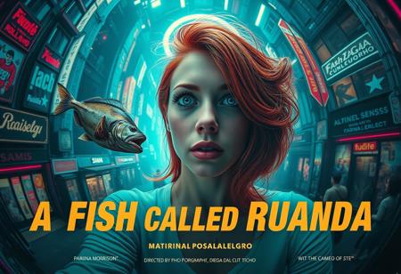 **“A captivating and surreal movie poster for A Fish Called Ruanda, a futuristic B-movie thriller with a girly, campy twist. The scene is viewed through the exaggerated distortion of a fish-eye 12mm cinema prime lens, pulling the viewer into the chaotic, neon-soaked dystopian cityscape. Front and center is the main actress, Katarina Pesceallegro, a striking redhead with a mix of glamour and danger in her expression. Floating ominously nearby is a grotesque, decaying fish, symbolizing the ‘very rotten climax.’
The poster includes bold, retro-futuristic typography for the title A Fish Called Ruanda, with the subtitle in Polish beneath it. The credits at the bottom feature:
	•	Directed by: Max Morrison
	•	Director of Photography: Diego Dalla Luce
	•	Edited by: JOE “FINAL CUT” Switcho
	•	Main Actress: Katarina Pesceallegro
	•	Co-Starring: JOE FISH
	•	With the Cameo of: STEWEN SEAGULL
The design blends neon tones, gritty textures, and campy B-movie flair, making it a trendsetting cinematic experience that teases its quirky, action-packed storyline.”**
