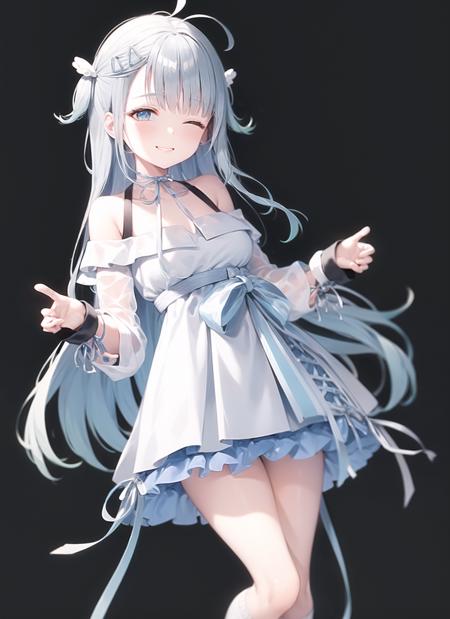 <lora:amatsukaUto-000025:1>, nabi (uz02), bare shoulders, blue footwear, breasts, clothing cutout, detached sleeves, dress, full body, halterneck, heart, heart hands, kneehighs, layered dress, long sleeves, looking at viewer, off-shoulder dress, off shoulder, one eye closed, puffy long sleeves, puffy sleeves, ribbon, see-through, simple background, sleeves past fingers, sleeves past wrists, small breasts, smile, socks, standing, white background, white dress