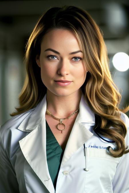 photo of  oliviawilde-5400, a woman as a doctor, modelshoot style, (extremely detailed CG unity 8k wallpaper), Intricate, High Detail, Sharp focus, smiling, photorealistic painting art by midjourney and greg rutkowski , (waist chain), ((hospital)), ((walking down the hallway)),  (looking at viewer), (detailed pupils:1.2), (doctor lab coat:1.2) brightly lit,