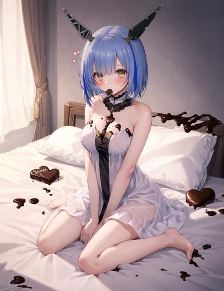 1girl, solo,
gascogne \(azur lane\), white dress, headgear, 
(chocolate:1.1), heart, sitting, candy, heart-shaped chocolate, wariza, food, blush, mole on breast, valentine, between legs, petals, bed sheet, barefoot, chocolate on body, food on body, on bed, hand between legs, on breasts, v arms, 
<lora:gascogne_2in1-000007:1>, masterpiece, best quality,