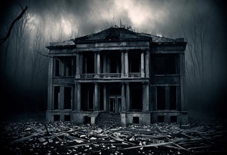 ghostly apparitions  floating around an abandoned building in the style of photography, installation, landscape
[(horror-themed illustration:1.30) ::0.40], (Horror-Themed Illustration), [macabre and surreal elements: dark and intense imagery: 0.70], [Stephen Gammell's style: William Blake's influence: 0.60], an illustration blending the macabre and surreal elements of Stephen Gammell with the influence of William Blake, featuring dark and intense imagery