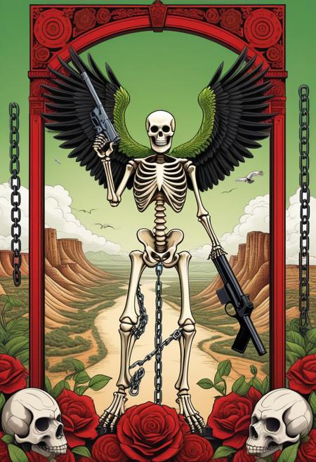 punk skeleton holding a gun, shepard fairey style , Majestic Eagles, Electronic Ink Displays, Lush Green Valley, Cloud Computing Facility, (zentangle, mandala, tangle, entangle:0.6), Kerberos ,red,chains,The Captive Angel,4 devil,slave,puppet,desert,black hole gate,curtain,ship, (Hyperreal:1.4), (((full body shot:1.5))), raw, emotional, dynamic, distortion for emotional effect, vibrant, use of unusual colors, cute cinematography, (realistic, photo realistic:1.4), detailed eyes, detailed face, detailed skin
