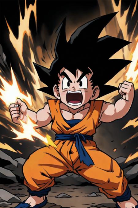 <lora:Toriyama_Akira_Style:0.8>, ((masterpiece,best quality)), absurdres, <lora:GotenV1:0.7>,young,kid,gotenv1, spiked hair, black hair, collarbone, dougi,solo, screaming,, looking at viewer, cowboy shot, cinematic composition, torn clothing, charging power up,