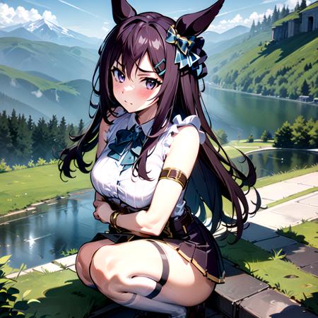 masterpiece, 8k wallpaper, best quality, 1girl, MejiroDober, <lora:MejiroDober>, blush, looking at the viewer, (moutain at the background), grass,