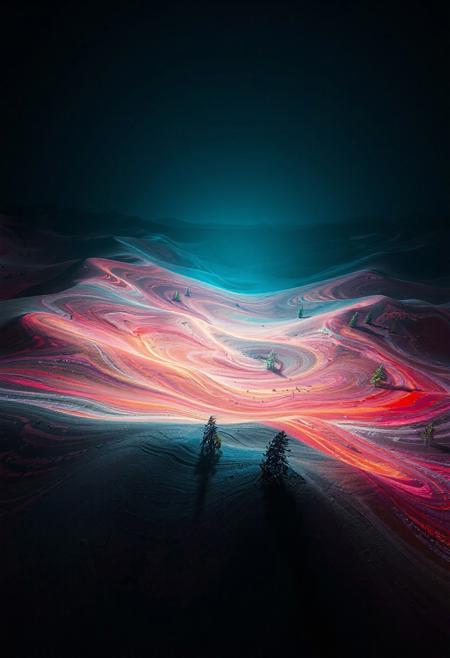 JNANX,luminous white silhouette,cyan glow,emerald highlights,flickering outline,dreamlike movement,rippling colors,drifting embers,infinite black background,psychedelic colors,ethereal,futuristic surrealism,gw,glowing,night,night sky,trippy,
"A breathtaking aerial view of the Painted Dunes in Lassen Volcanic National Park, USA. The rolling hills display a surreal palette of vibrant reds, oranges, pinks, and purples swirled with darker grays and blacks. Small green pine trees are scattered across the undulating landscape, adding pops of contrasting color and a sense of scale. Capture the intricate patterns and textures of the mineral-rich soil, emphasizing the otherworldly beauty of this volcanic terrain under a bright daylight.