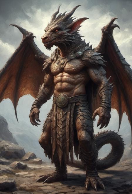 huge muscular dragon-rat-man shaman wearing intricate robes magical runes wasteland dark metallic scaly skin detailed wings photorealistic texture cinematic light fantastical and intense