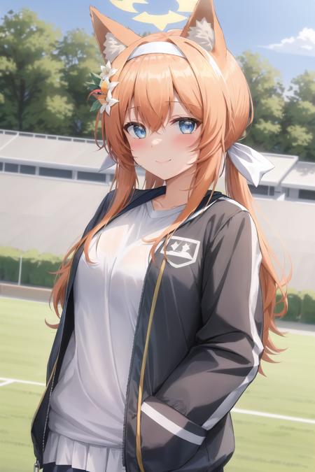 1girl, animal ear fluff, animal ears, bag, bangs, blue jacket, blue eyes, blush, cat ears, closed mouth, flower, hair between eyes, hair flower, hair ornament, hairband, halo, jacket, long hair, long sleeves, looking at viewer, ba-mari-gym, orange hair, outdoors, smile, solo, stadium, track jacket, two-tone jacket, upper body, white flower, white hairband,white shirt, masterpiece,highres,best quality,8k