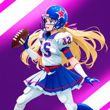 anime magical girl football player wearing magical girl themed uniform, (chibi), card captor sakura, (kawaii),  magical energy, magical aura, magical powers, magical girl, (shoulder pads), (football pads), sports anime, magical girl, american football, long flowing hair, ((perfectly shaped football)) (large anime eyes), gridiron, (long hair), sportswear, magical energy, magical aura, shoulder pads, ((football helmet)), perfect hands, feminine, ladylike, womanly, beautiful face, ((helmet face mask bars covering lower face)), american football object, speed flex helmet, sailor school girl uniform, bow tie, sailor skirt, football pants, gloves, long socks, jersey numbers, anime aesthetic,  tackle football, masterpiece, best quality, perfect face, fine details, perfect lighting