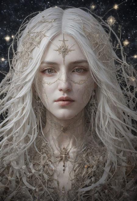 Goddess of Destiny, long white hair, she stands at the crossroads of fate, pale skin bearing the marks of intertwined destinies. Eyes, filled with the wisdom of foresight, see the threads of destiny woven through time. Celestial constellations and cosmic symbols adorn her hair, mapping the paths of stars and souls alike. With each guiding hand, she shapes the course of fate, weaving the tapestry of destiny with infinite possibilities, BadDream