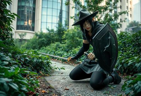 A dynamic photorealistic portrait of a cosplayer embodying a "Final Fantasy VII" character. Dressed in a stark black and white outfit and black hat, the figure kneels on a rough concrete path amidst abundant green foliage. A sword is gripped in the right hand, a shield held ready in the left, in a tense, battle-ready stance. An urban structure with a reflective glass window looms in the background. The scene captures a moment of impending adventure with dramatic lighting. High-res, 4K, Exceptional Quality, More Detail, Lifelike Details, Super Detailed Face and Eyes and Clothes, Handcrafted with Precision, High Quality, Stunning Colors, Harmonious Colors, Multi Colored, Contemporary Aesthetics, Impeccable Composition, Creative Angle, Attractive Background, Balanced Editing, Intentional Focus, Well-timed Moment, Dynamic Action Pose, Captivating Lighting, Octane Render, Unreal Engine 5, Vivid Emotions, Beautiful Detailed Eyes, CGSociety, Artstation Trending on ArtstationHQ, Golden Ratio.