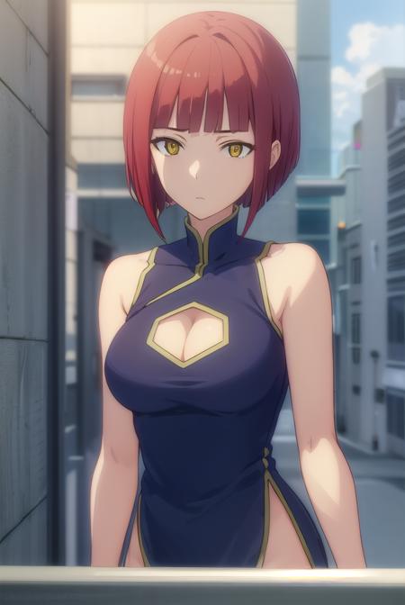 zakuro kurumaki, short hair, bangs, (yellow eyes:1.3), red hair, bob cut, dress, cleavage, sleeveless, clothing cutout, sleeveless dress, chinese clothes, cleavage cutout, china dress, side slit,