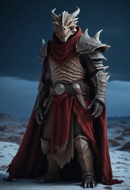 A visually striking movie-still image of a "dragonborn" (in the style of dnd/eberron dragonborn), using dragon-red 6k, with remarkably realistic lighting and textures and details. 
Features a  bleak background, perfectly detailing scales and  piercing eyes that reflect the world. This creature stands majestically, draped in a cloak made of woven canvas, its breath visible in the cold air, surrounded by a pristine, untouched badlands that is bleakly spartan under the moonlight. The scene is imbued with a sense of mystery and awe, captured through the lens of a Nikon D850 at a low angle to emphasize the imposing stature of the dragonborn against the vast, silent  night. The composition focuses on the fusion of natural and fantastical elements, suggesting an untold story of survival and adaptation, with a setting that feels both alien and familiar