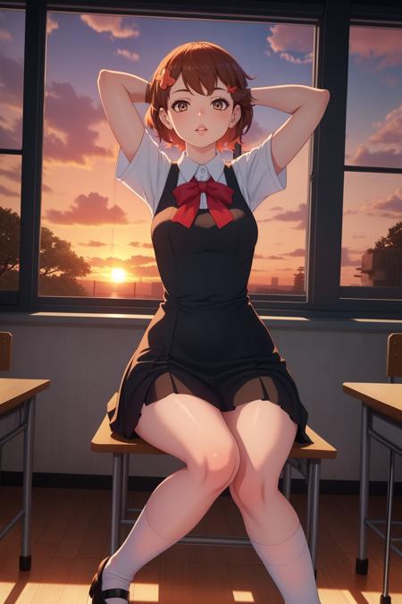 masterpiece, best quality, 1girl, solo, <lora:lass-pokemonhgss-richy-v1:1> lass, pinafore dress, hair ornament, bow, white shirt, short sleeves, socks, mary janes, miniskirt, sitting, looking at viewer, parted lips, sunlight, dappled sunlight, arms behind head, wide hips, window, (sunset:1.2), evening, full body, classroom