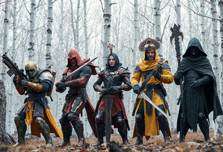 Four action Gravekeepers (orange/black Cannonholder with gun & sword, red Visionary, yellow Nobleman, black Shaman with cape) line up against stark White Forest poplars. Meticulously detailed armor, weapons, dynamic action poses. 4K, matte painting, splash ink, octane render, Unreal Engine 5, Raphael & Houdini styles. Vivid emotions, beautiful detailed eyes, Artstation, CGSociety, Mark Brooks, Brad Kunkle, Alena Aenami style, colorful textured brushstrokes, soft illumination, golden ratio.