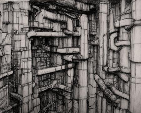 masterpiece, best quality, no humans, greyscale, building, industrial pipes,  rendering, traditional media, scenery,  <lora:Blame8ep5r159i-000003:0.7>