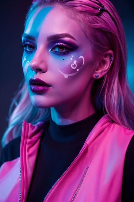 (coocolor:1),1girl, cyber fashion, punk fashion, makeup, facepaint, pink eyeshadow, , jacket, upper body,((masterpiece)), ((best quality)), 8k, high detailed, ultra-detailed,
 <lora:coocolor:0.68>