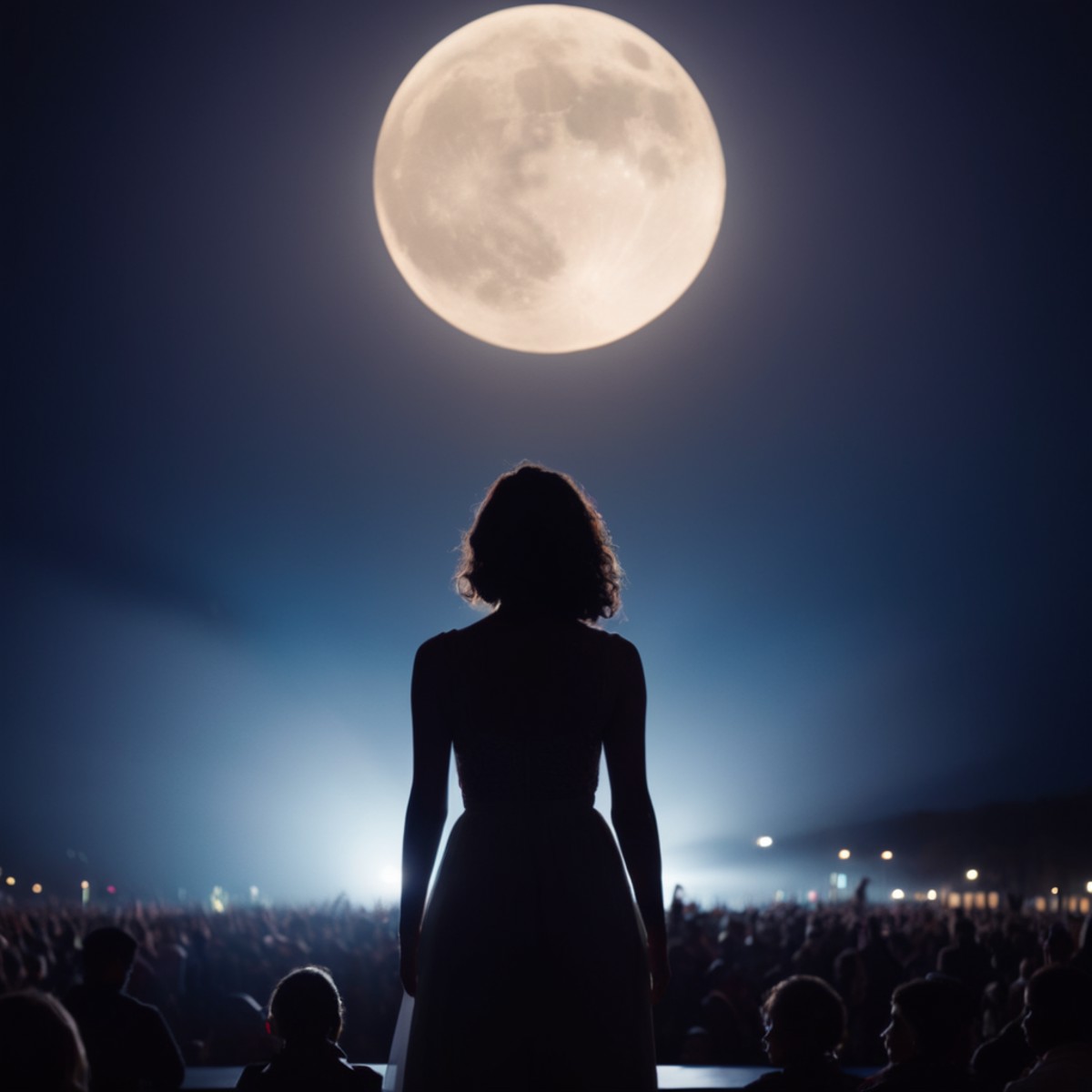 cinematic film still of  <lora:silhouette style:1>
A silhouette photo of a woman standing in front of a crowd at a concert...